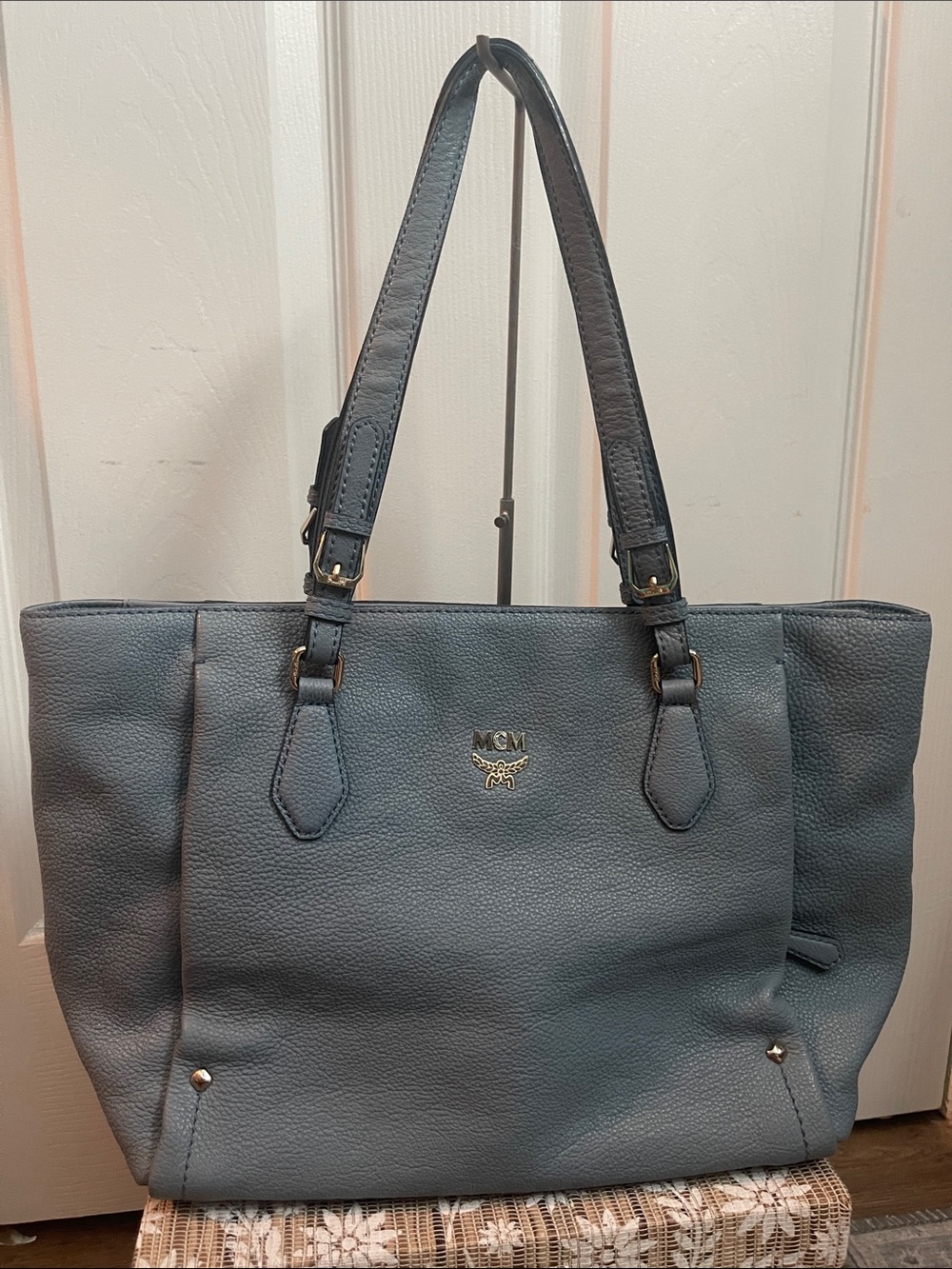 MCM Pebbled Leather Tote in blue/teal with Gold Logo